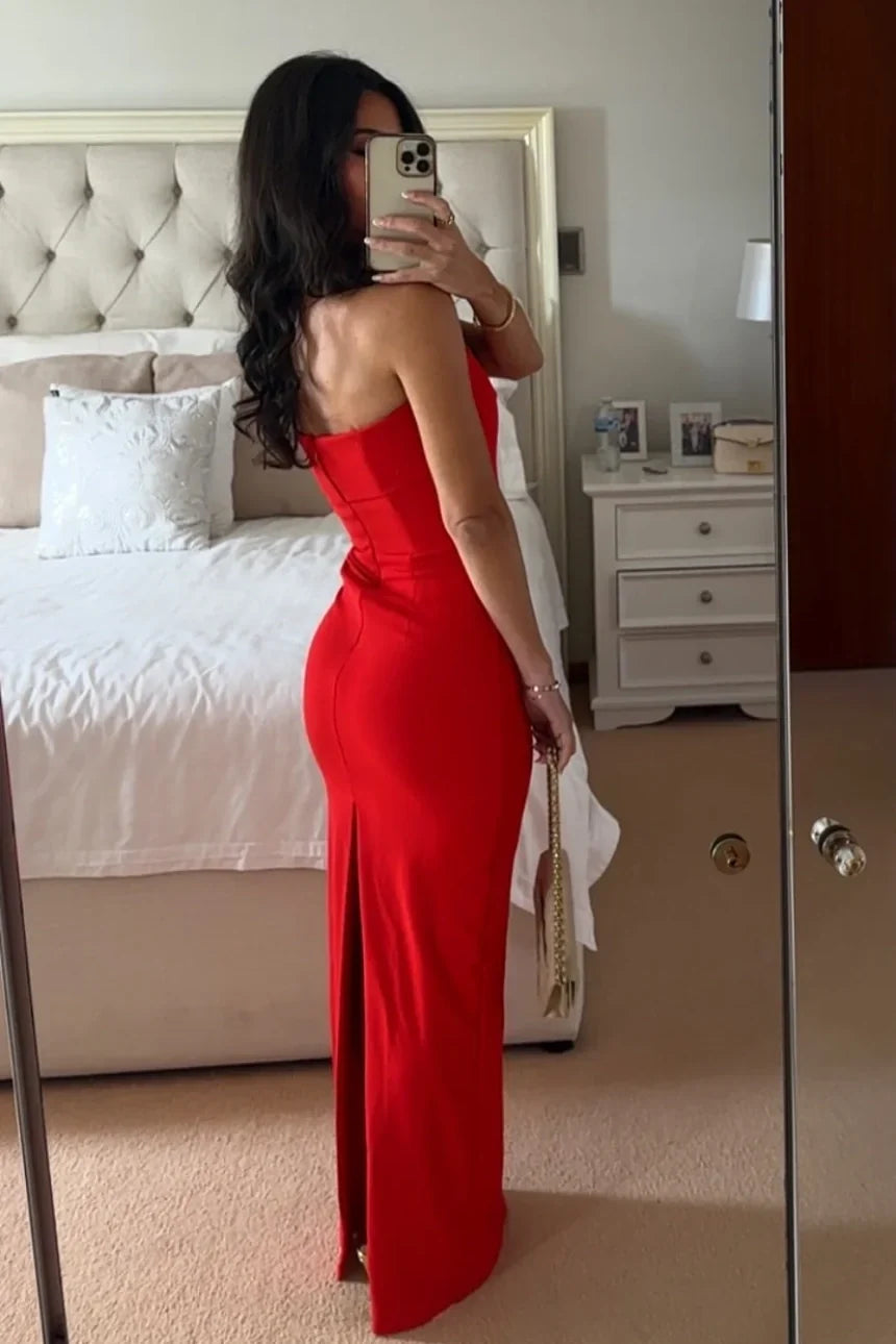 Simple Sheath Strapless Red Long Party Dress with Slit Back SH7786