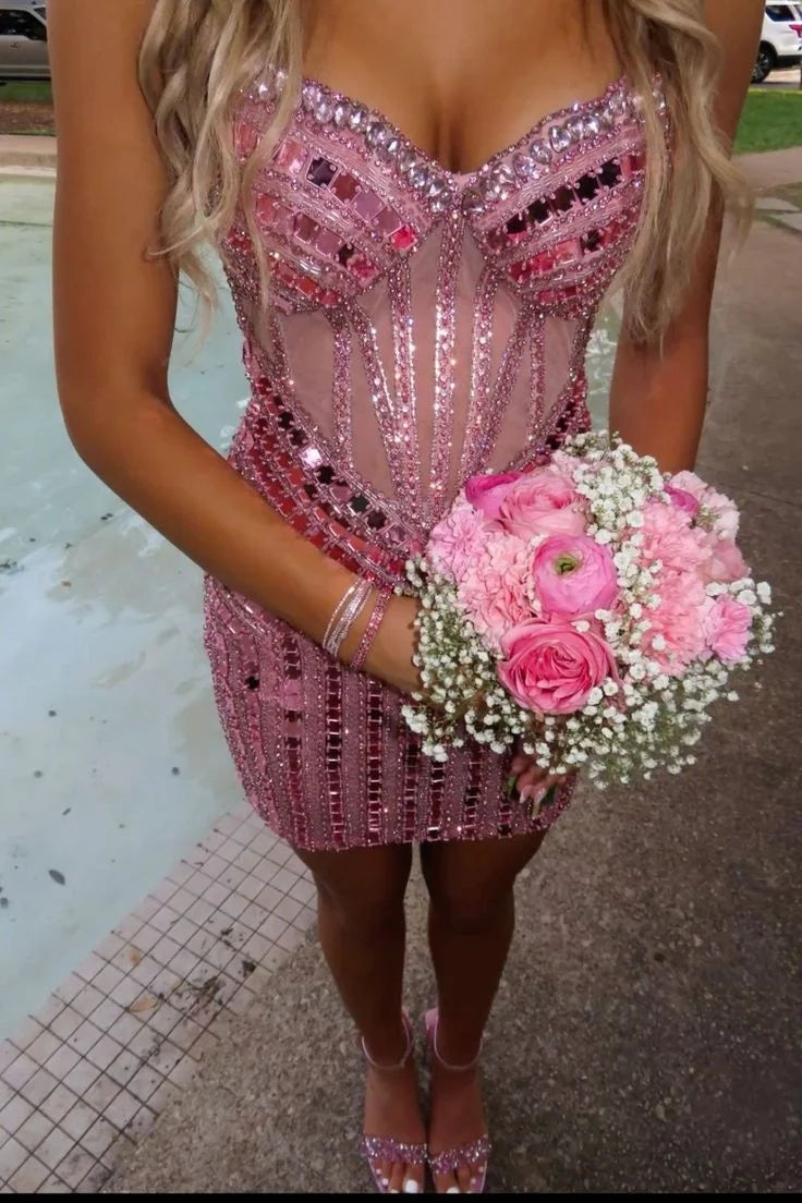 Sparkly Sheath Sweetheart Pink Short Homecoming Dress with Beading SH7458