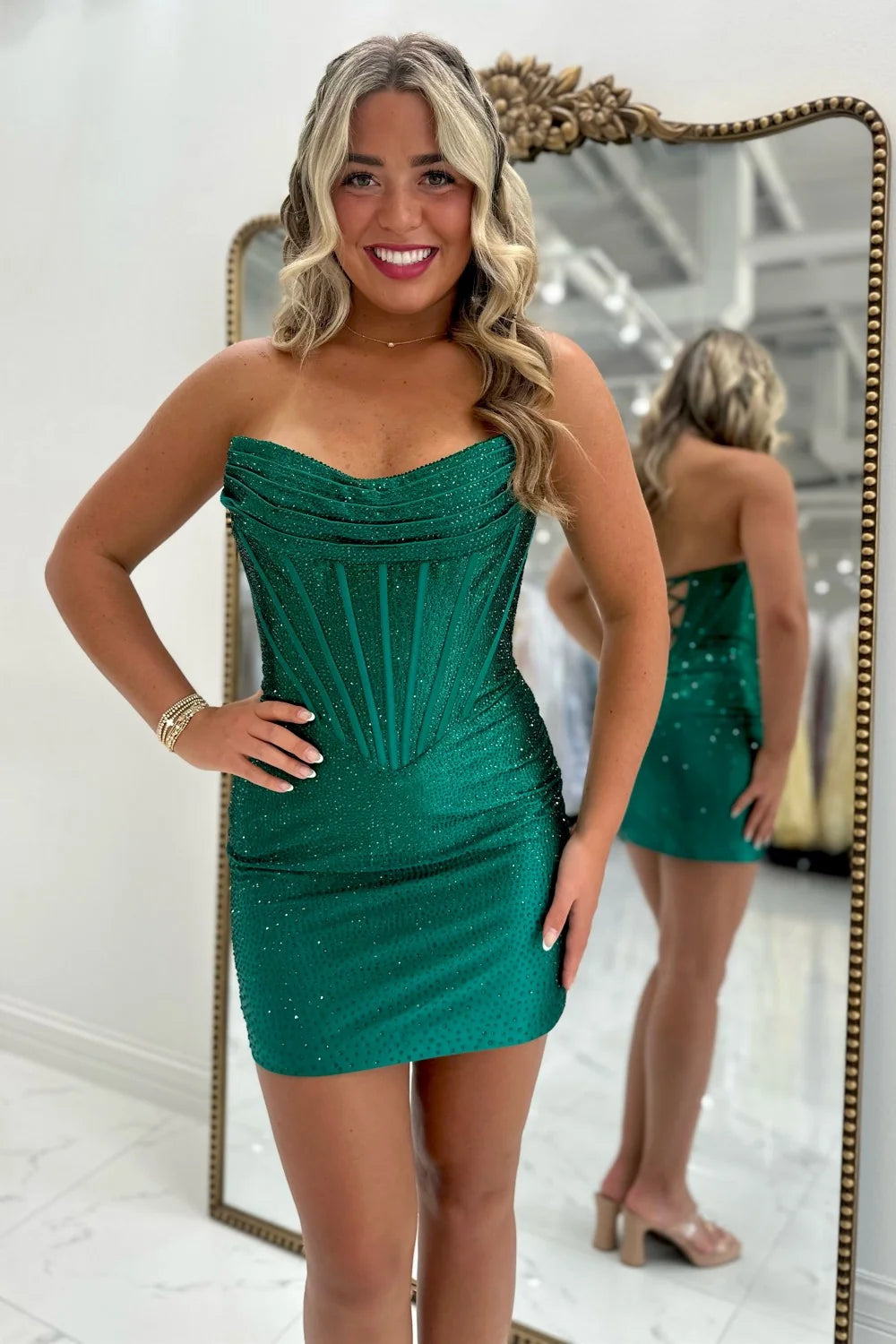 Sparkly Emerald Green Strapless Mini Homecoming Dress with Corset Bodice SH7897