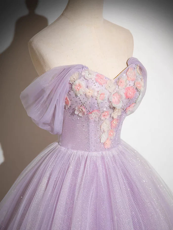 Elegant A Line Off the Shoulder Appliques Tulle Prom Dress Ball Gown SH1732