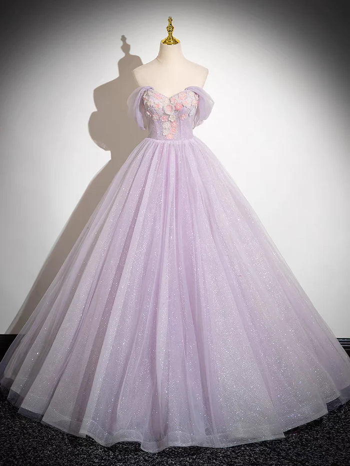 Elegant A Line Off the Shoulder Appliques Tulle Prom Dress Ball Gown SH1732