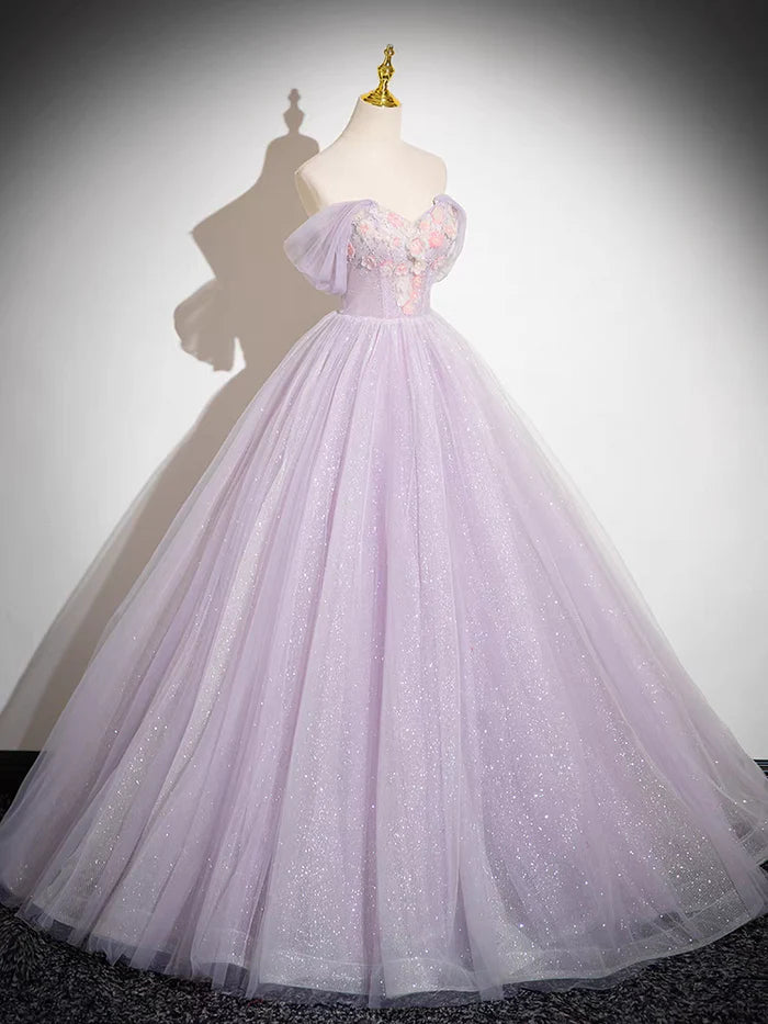 Elegant A Line Off the Shoulder Appliques Tulle Prom Dress Ball Gown SH1732