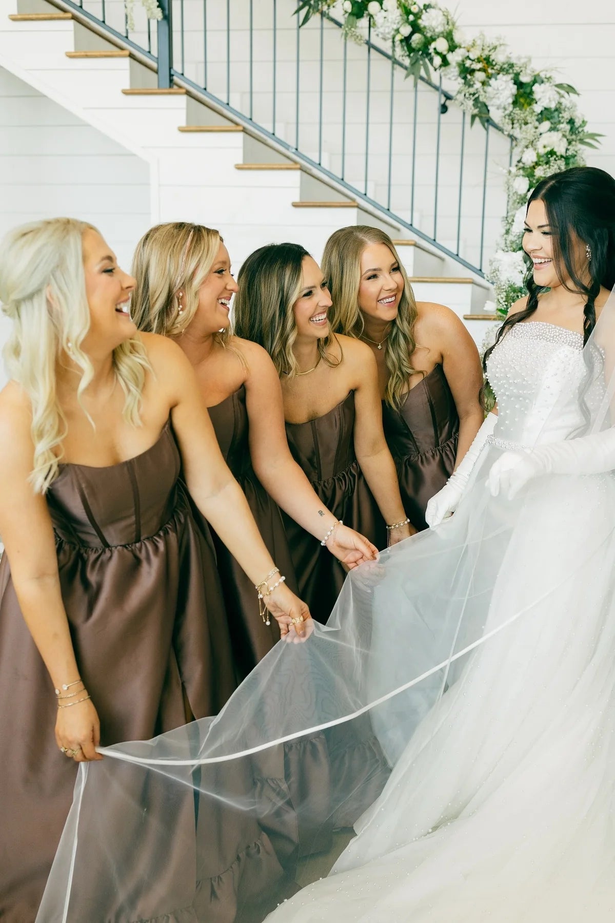 Strapless Brown Ruffle Bridesmaid Dress with Slit SH6567