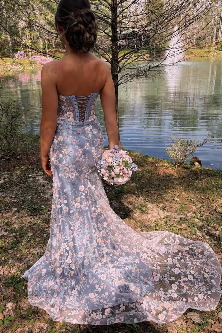Mermaid Sweetheart Lace Appliques Floral Tulle Long Prom Dress SH8201