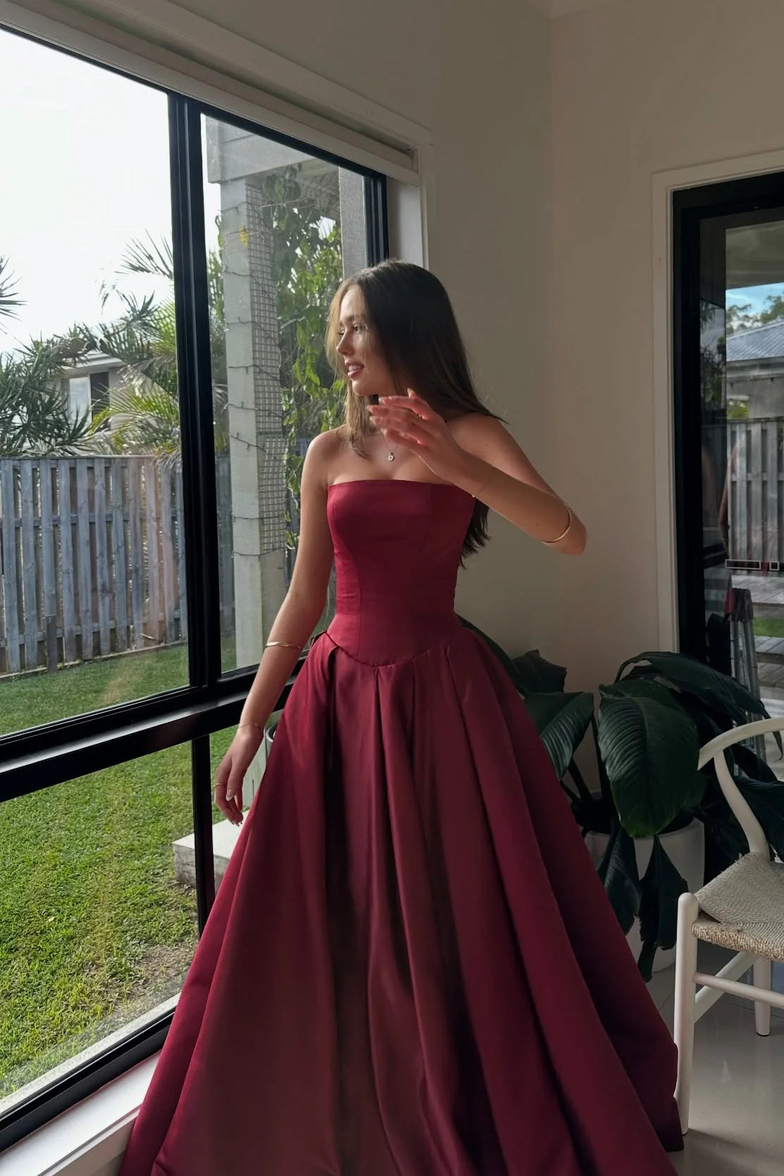 Elegant A Line Strapless Burgundy Satin Prom Dress Evening Dress SH6207
