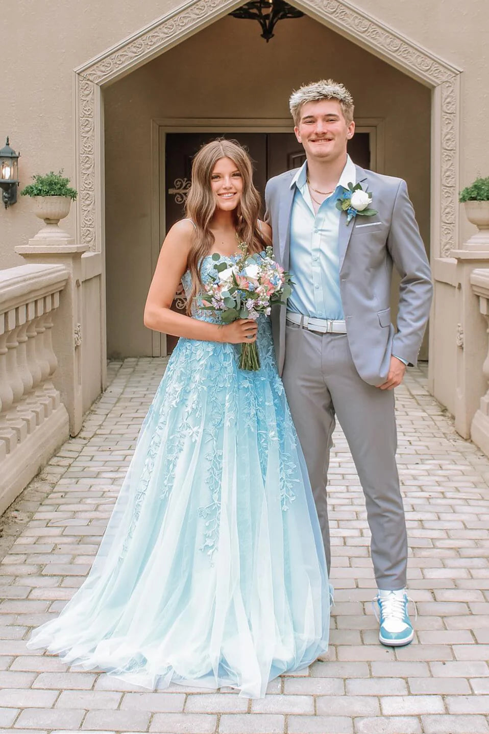Straps Light Blue Appliques A-line Long Prom Dress SH6202
