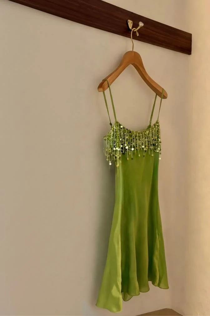 Stylish A Line Spaghetti Straps Green Satin Short Homecoming Dress with Tassels SH7817