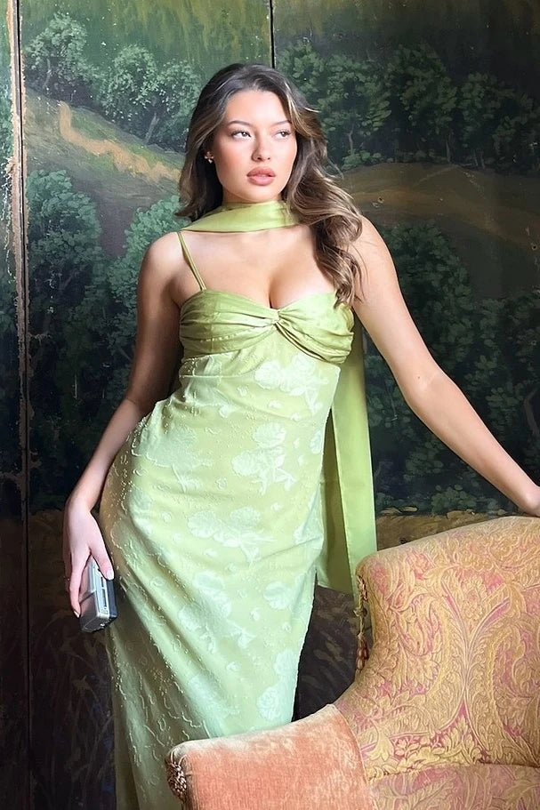 Stylish Sheath Spaghetti Straps Green Long Prom Dress with Scarf SH7624