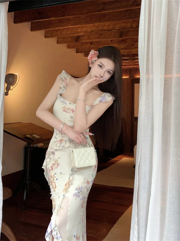 Pretty Mermaid Straps Print Floral Ruffle Chiffon Long Prom Dress Evening Dress SH2018