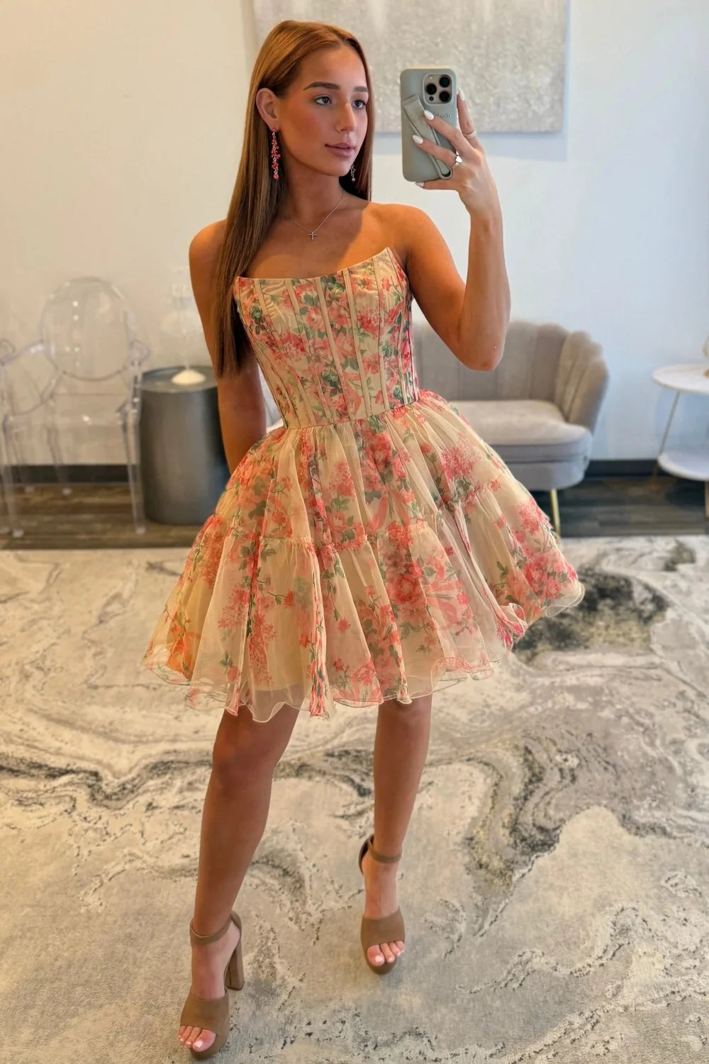 Sweety A Line Strapless Nude Floral Printed Corset Homecoming Dress with Ruffles SH7977