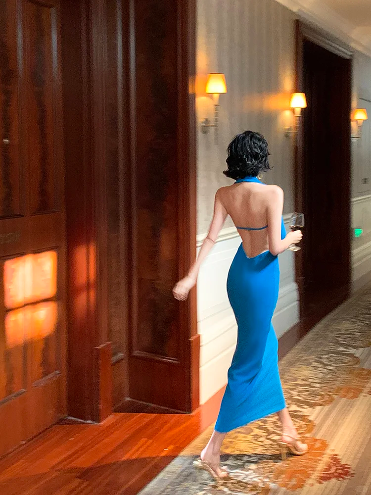 Peacock Blue Sheath Halter Satin Open Back Prom Dress Evening Dress SH4337