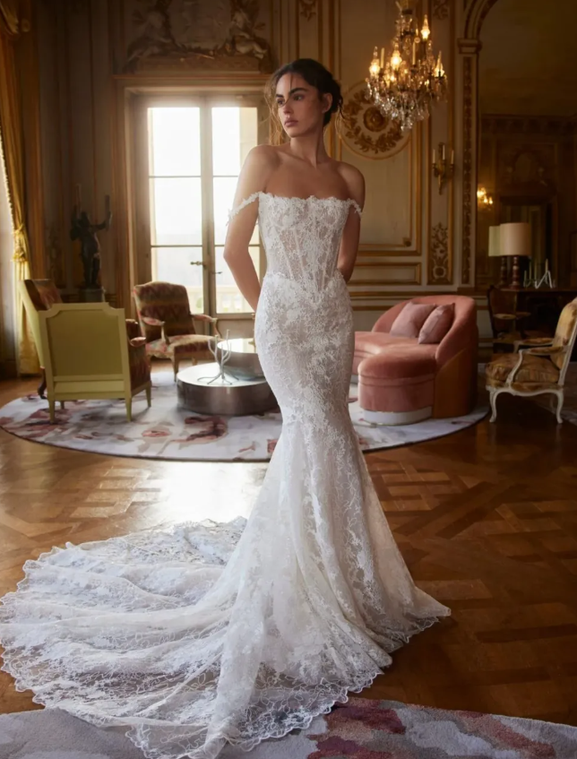 Glamorous Mermaid Off the Shoulder White Lace Long Train Wedding Dress SH7150