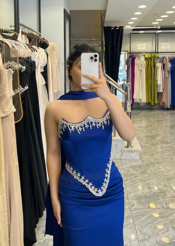 Royal Blue Sheath Strapless Exquisite Beaded Satin Prom Dress Evening Dress SH5413