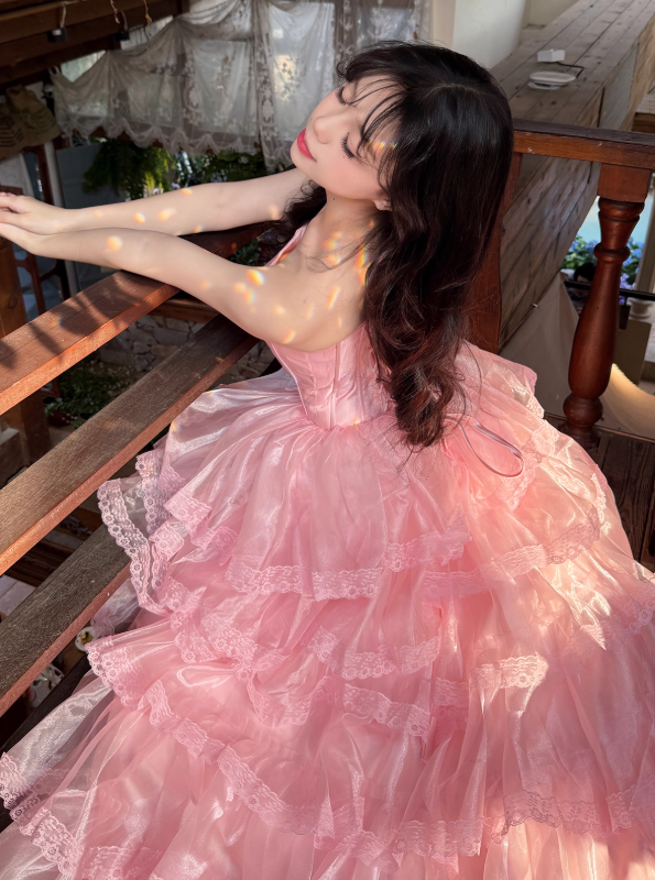 Pink Ball Gown Strapless Corset Layered Organza Prom Dress 16th Birthday Dress SH4088
