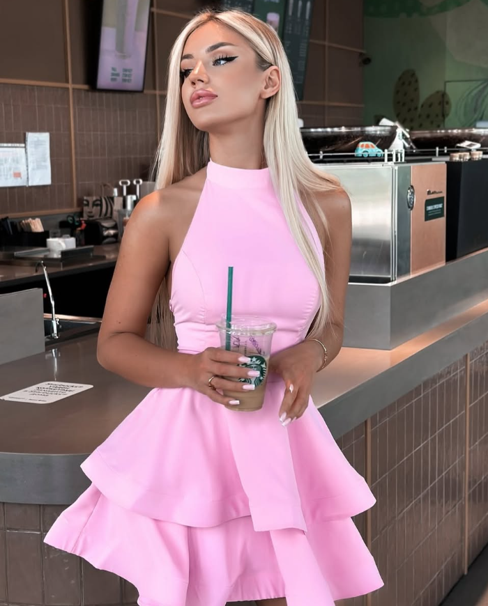 Pink A Line Halter Layered Pink Satin Open Back Short Homecoming Dress Cocktail Dress SH3173