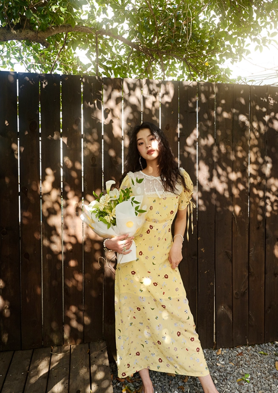 Cute A Line Puff Print Floral Lace Yellow Chiffon Summer Dress Party Dress Outfits SH4175