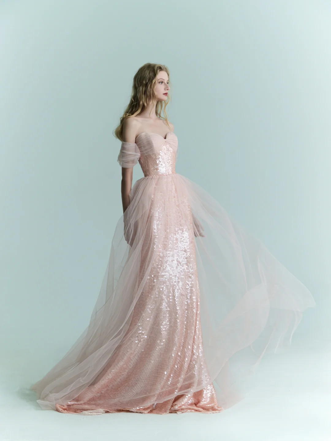 Shiny Pink Mermaid Off the Shoulder Tulle Sequin Party Dress Prom Dress Formal Gown SH4308