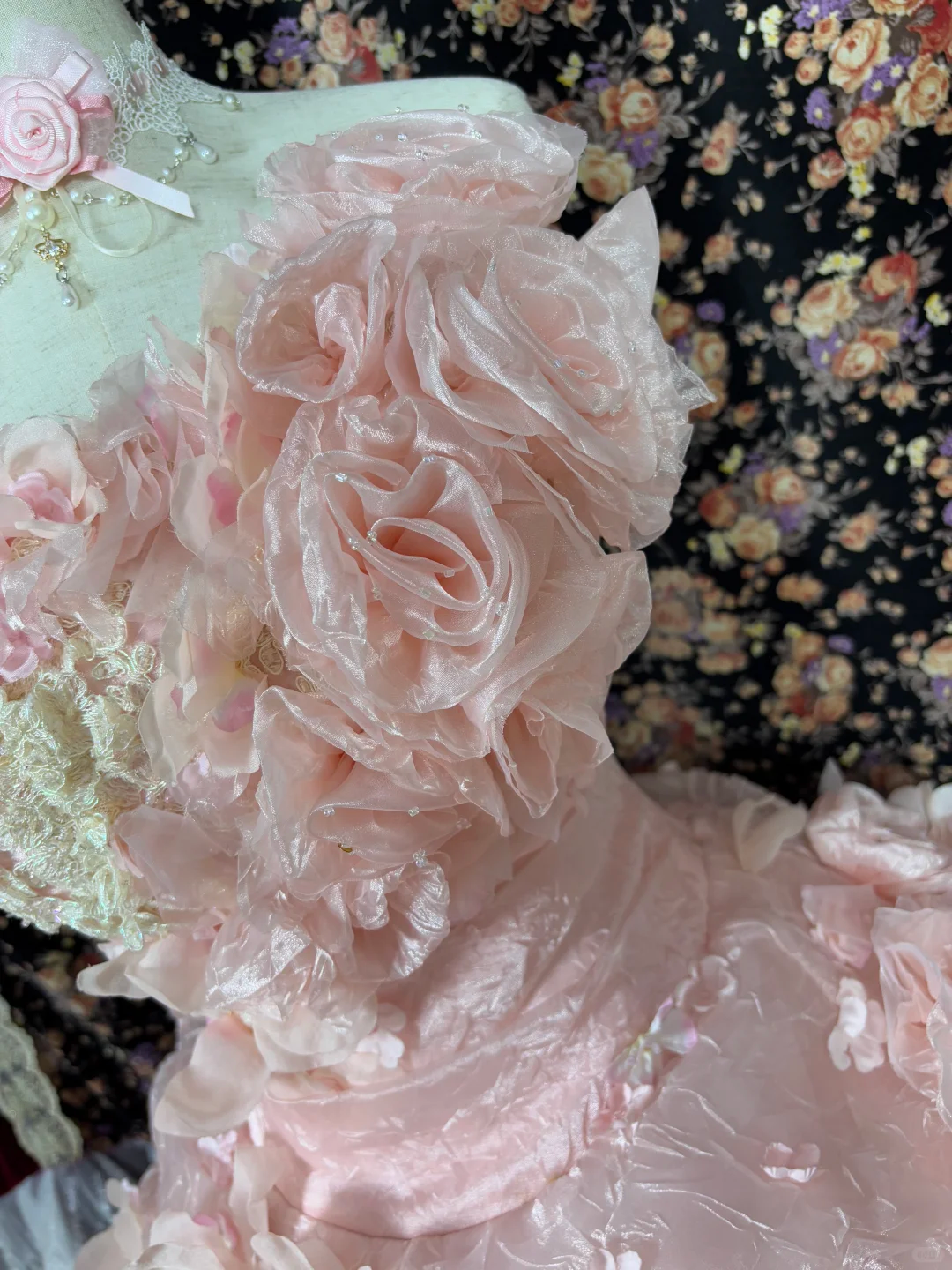 Vintage Princess Light Pink Ball Gown Floral Layered Organza Prom Dress Sweet 16 Dress SH5796