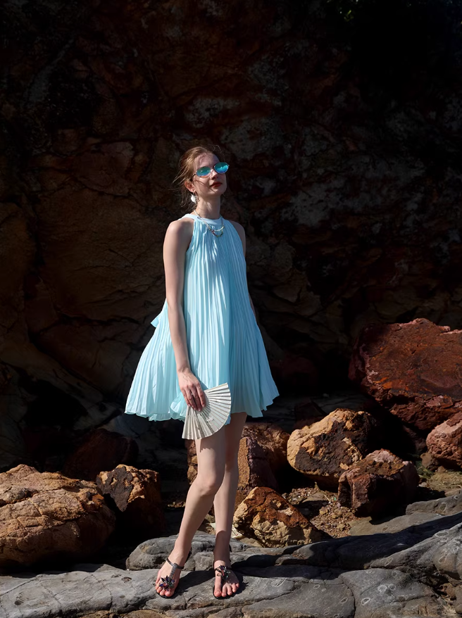 Blue A Line Halter Pleated Chiffon Short Homecoming Dress Vacation Dress Outfits SH3993