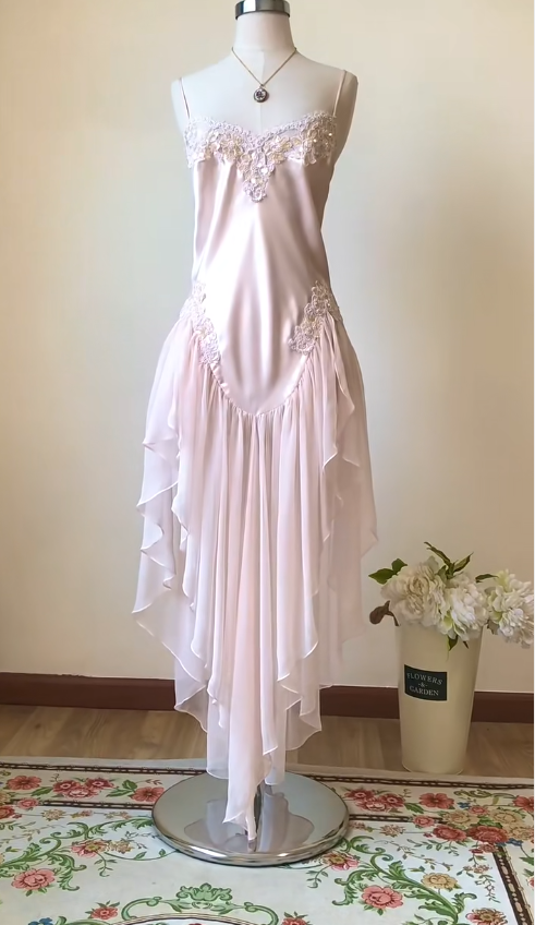 Gentle A Line Spaghetti Straps Lace Light Pink Satin Chiffon Prom Dress Evening Dress SH4242