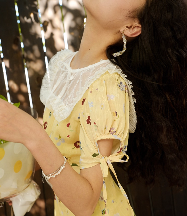 Cute A Line Puff Print Floral Lace Yellow Chiffon Summer Dress Party Dress Outfits SH4175