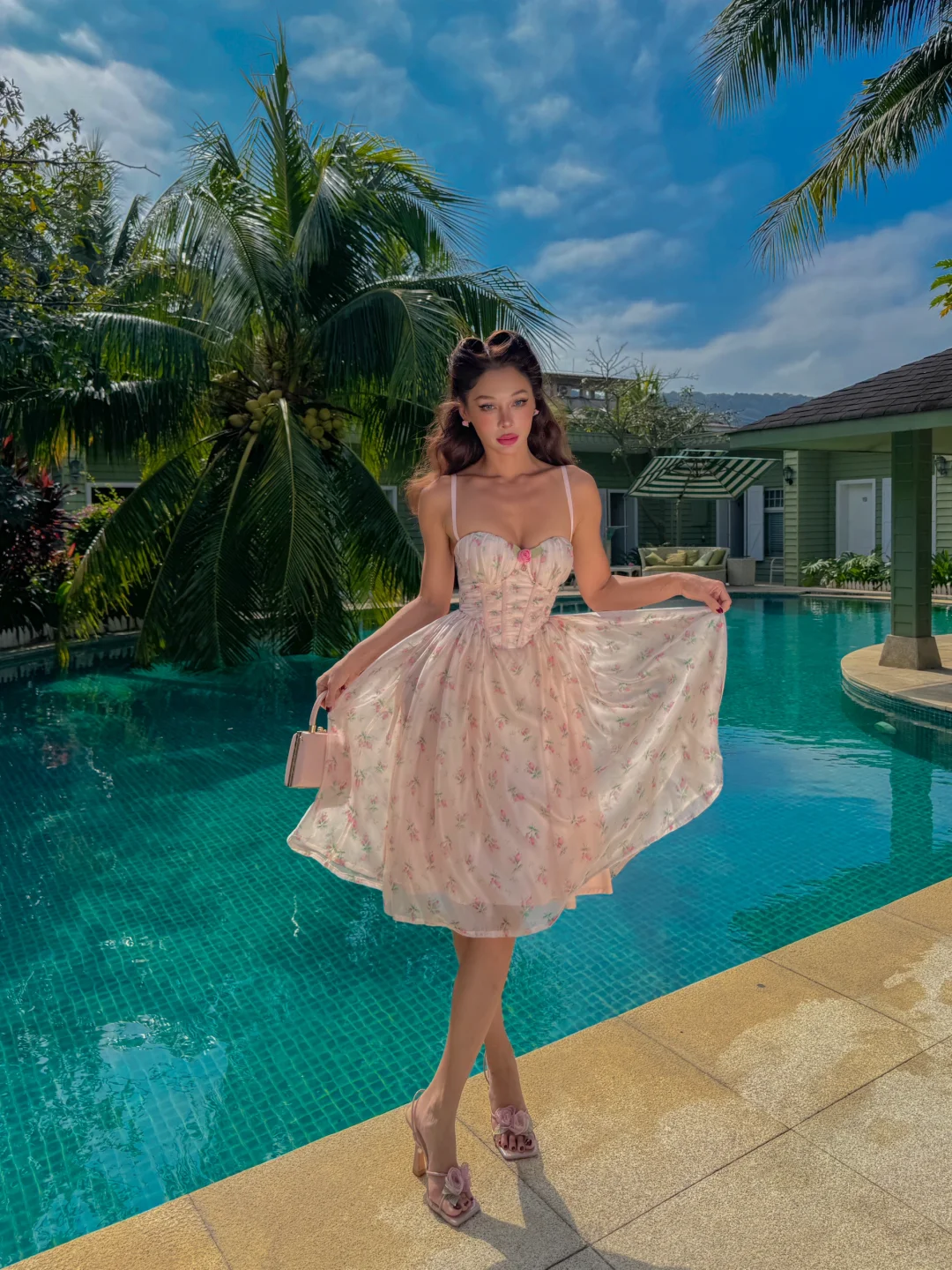 Cute A Line Spaghetti Strap Pink Print Floral Chiffon Short Vacation Dress Outfits SH4288