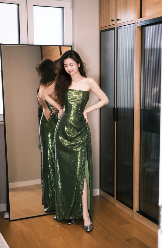 Shiny Green Sheath Strapless Sequin Evening Dress Party Dress with Slit SH3481