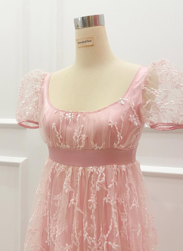 Retro Pink A Line Puff Tulle Long Prom Dress Party Date Dress SH3692