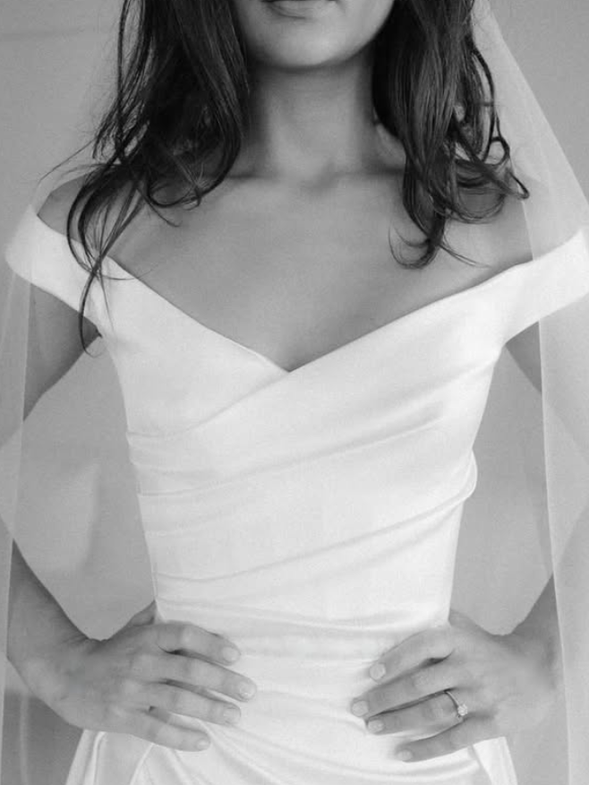 Stunning A Line Off the Shoulder White Satin Long Sweep Wedding Dress SH4857