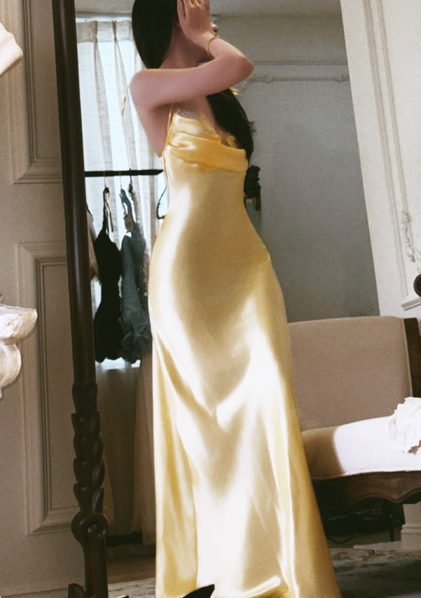 Yellow A Line Spaghetti Strap Lace Satin Prom Dress Evening Dress SH8784