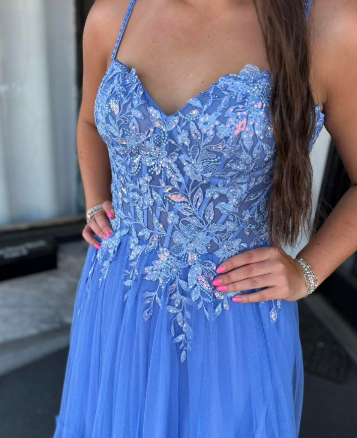 Beautiful A Line Spaghetti Strap Blue Appliques Tulle Prom Dress Party Evening Dress SH7249