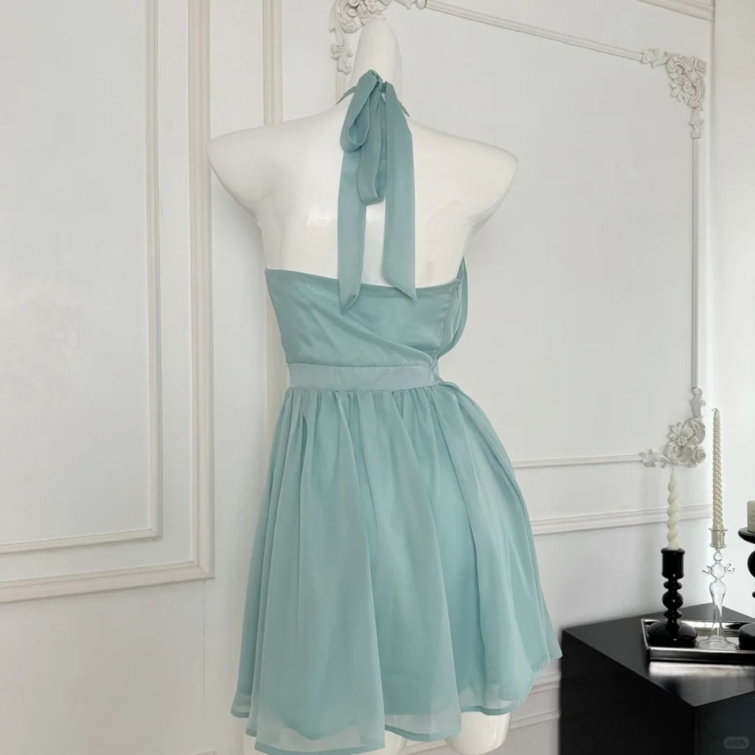 Gentle A Line Halter Rhinestone Blue Chiffon Open Back Homecoming Dress Cocktail Dress SH3086