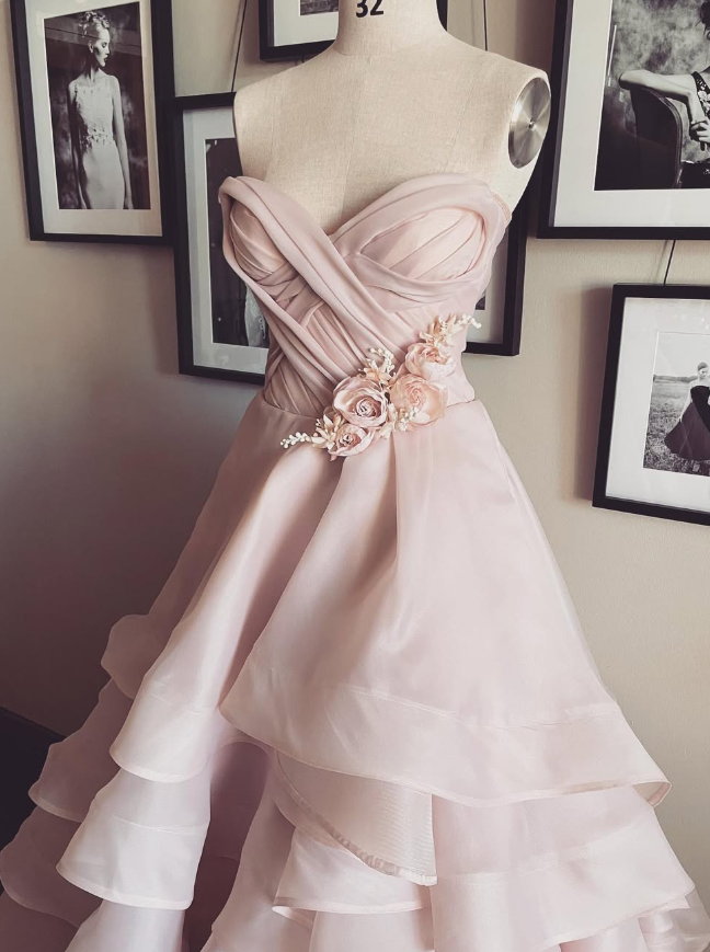 Gentle A Line Sweetheart Neck Flower Tiered Pink Tulle Long Party Dress Evening Dress SH2890
