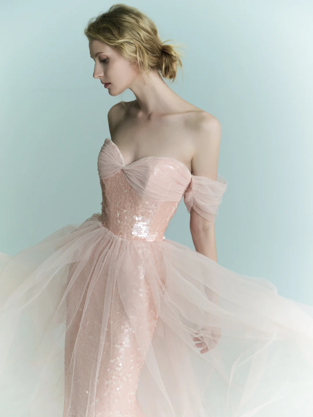 Shiny Pink Mermaid Off the Shoulder Tulle Sequin Party Dress Prom Dress Formal Gown SH4308