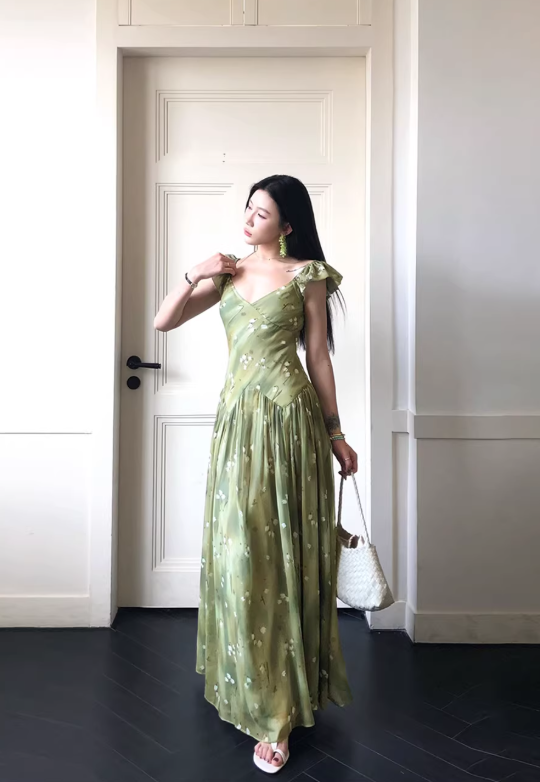Green Gentle A Line Straps V Neck Print Floral Chiffon Prom Dress Party Dress Outfits SH5060