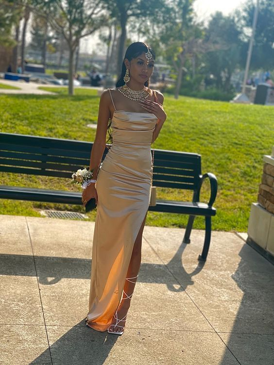 Champagne Slit Evening Dress Long Sheath Prom Dress SH901