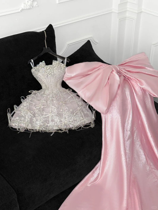Pink Bow A Line Strapless Silver Sequin Beaded Tulle Homecoming Dress Party Dress SH3418