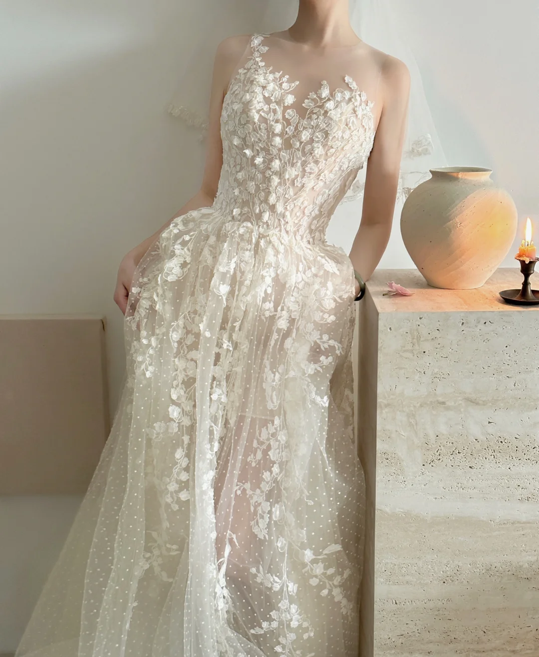 Pretty A Line 3D Floral Tulle Long Prom Dress Wedding Dress SH4200