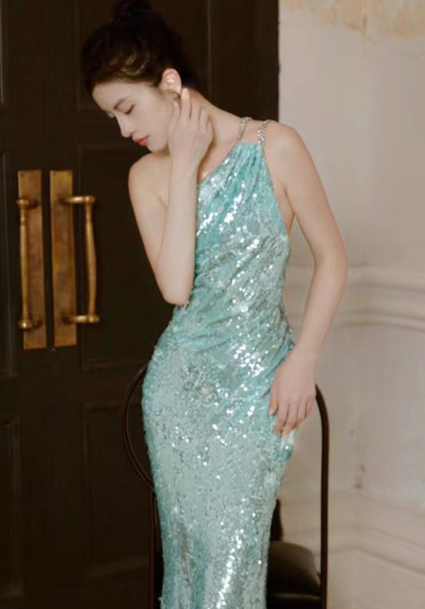 Shiny Blue Sequin One Shoulder Rhinestone Prom Dress Evening Dress Open Back SH4058