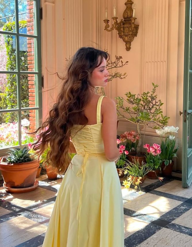 Simple A Line Spaghetti Strap Light Yellow Satin Long Prom Dress Evening Dress SH2391