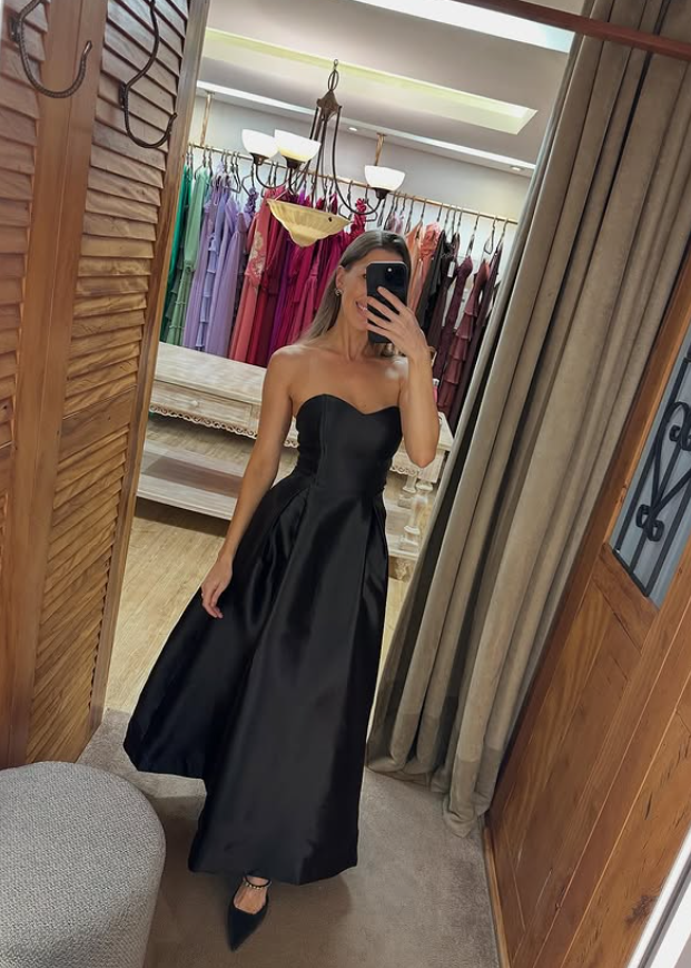 Simple Black A Line Sweetheart Neck Satin Prom Dress Evening Dress SH6360