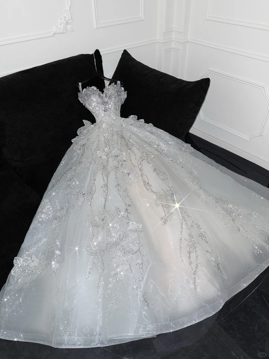 Gorgeous Ball Gown Strapless White Flower Silver Sequin Organza Prom Dress Party Dress SH3415