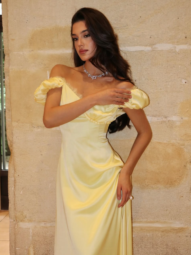Gentle Yellow A Line Puff Lace Satin Long Prom Dress Party Dress Date Dress SH4004