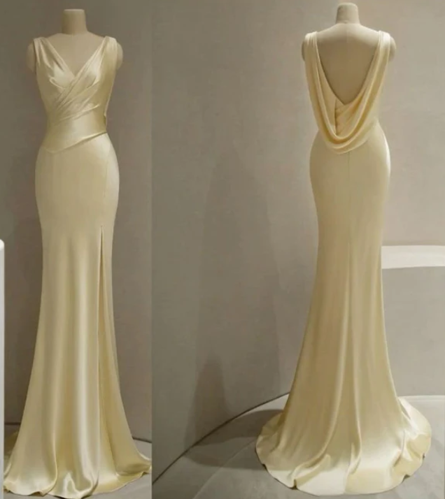 Pastel Yellow Satin Backless Slit Mermaid Long Prom Dress SH1297 Pastel Yellow Satin Backless Slit Mermaid Long Prom Dress SH1297