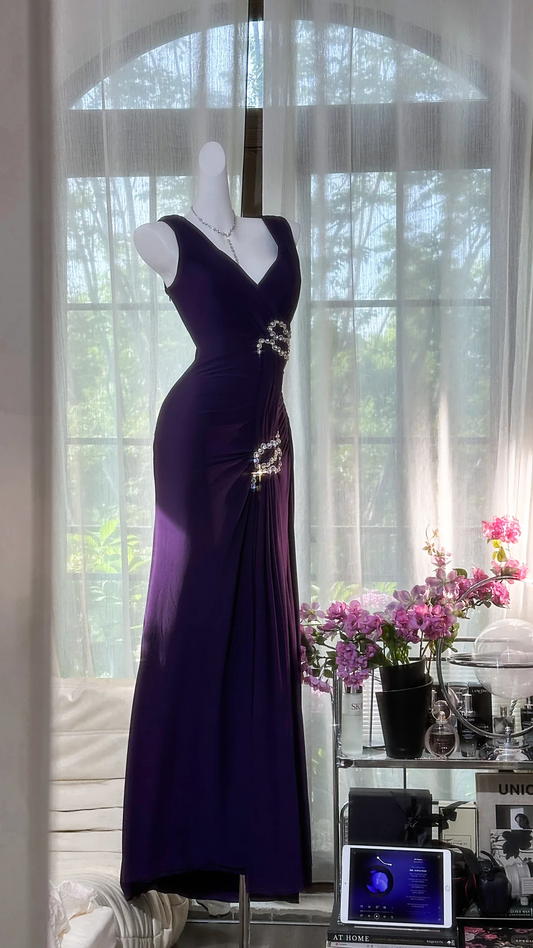 Retro Sexy Dark Purple Beaded Mermaid V Neck Chiffon Evening Dress Party Dress SH3474