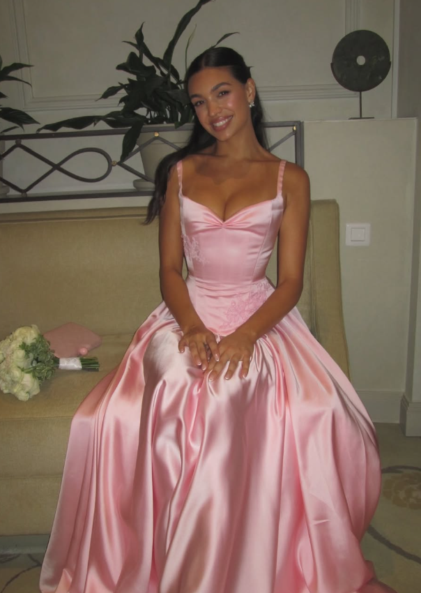 Pink A Line Spaghetti Straps Appliques Satin Long Prom Dress Evening D – shinydress Pink A Line Spaghetti Straps Appliques Satin Long Prom Dress Evening D – shinydress