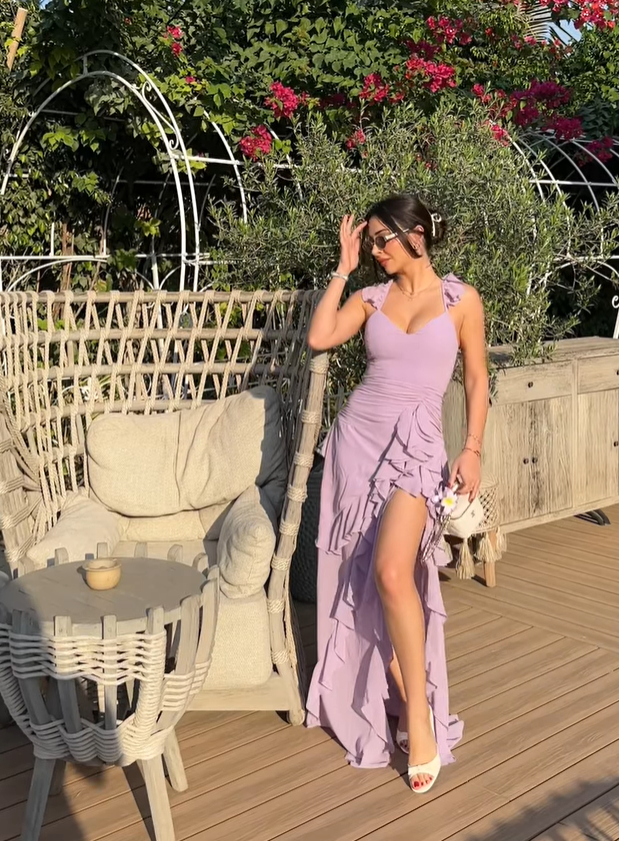 Lilac Flowy Sheath Spaghetti Strap Ruffle Chiffon Prom Dress Party Dress with Slit SH4016
