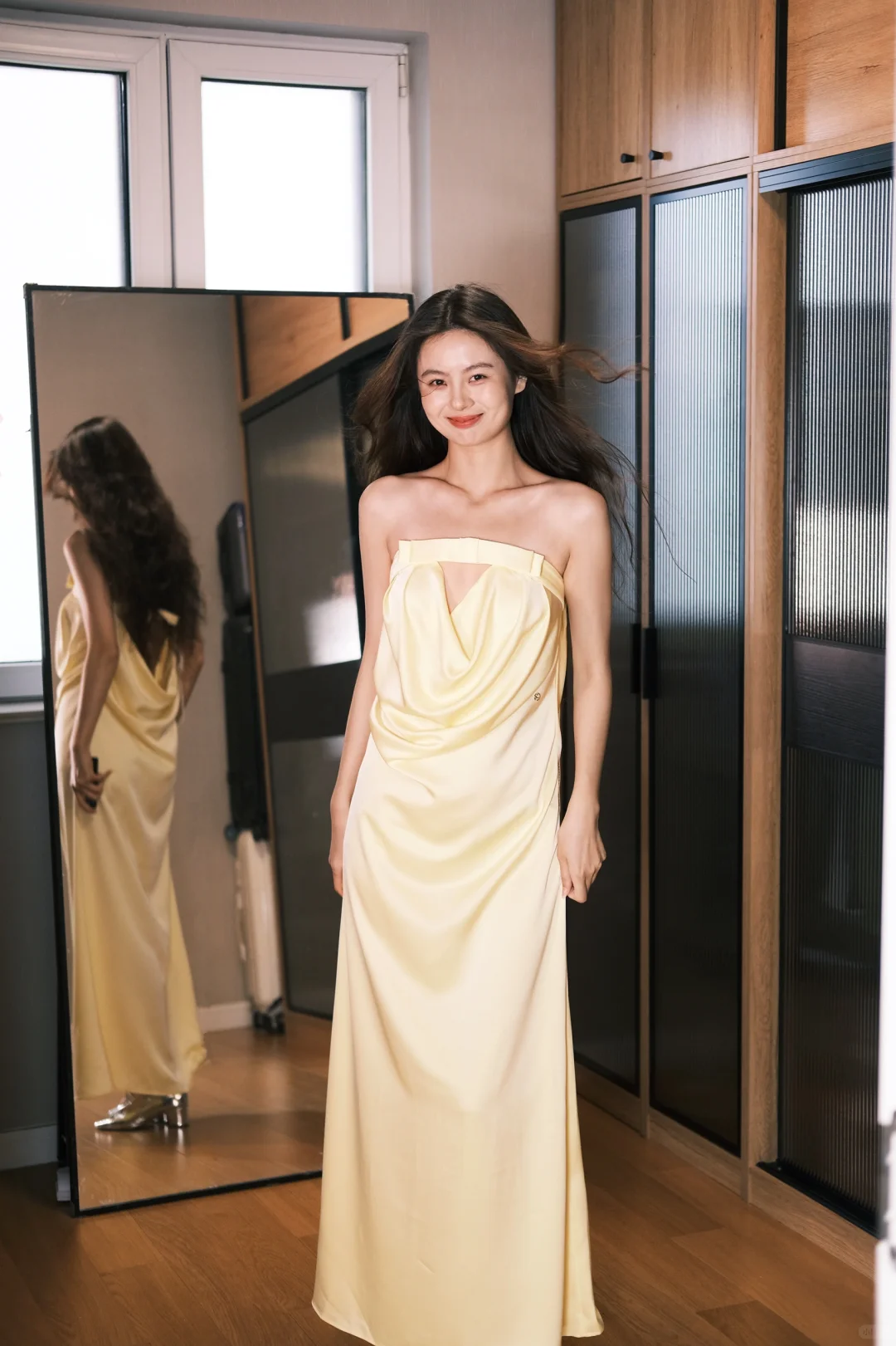 Unique A Line Strapless Yellow Satin Long Prom Dress Formal Gown Party Dress SH4184