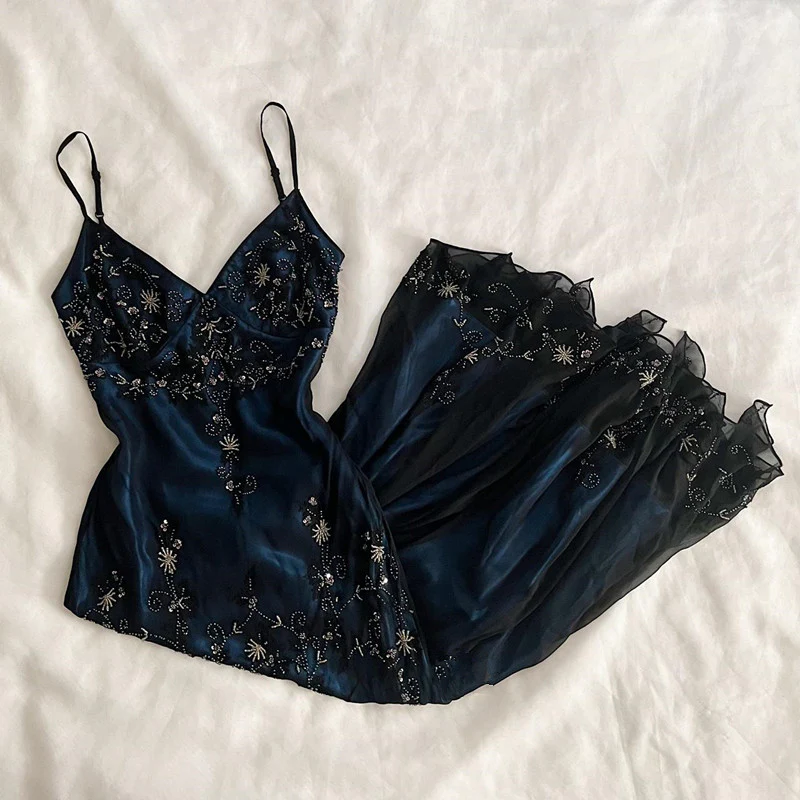 Gorgeous Mermaid Spaghetti Straps Beaded Navy Blue Satin Long Prom Dress SH1150
