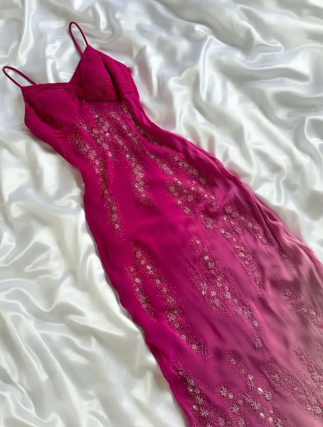 Vintage A Line Spaghetti Strap Exquisite Beaded Ombre Chiffon Prom Dress Wedding Guest Dress SH4424